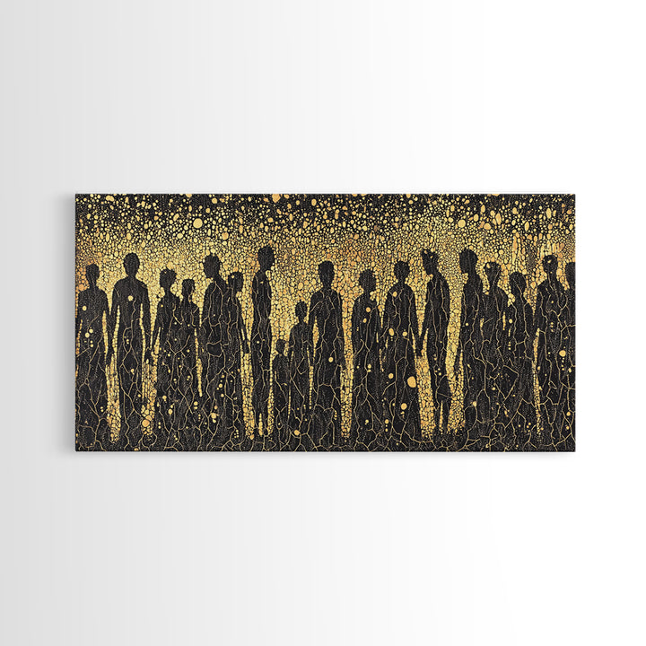 Gold African Silhouette Crowd Wall Art, Abstract Tribal Figures, Black And Gold Cultural Decor Canvas Print Gift For Office