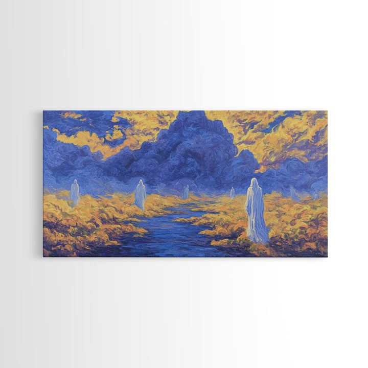 Blue Gold African Spirit Landscape Canvas Print, Mystical Savannah Wall Art, Dreamy Cultural Decor For Living Room And Office