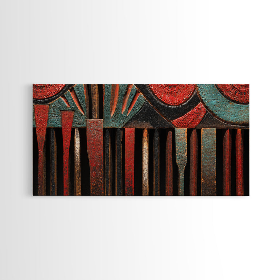 Red Teal Tribal Carved Wood Canvas Print, African Abstract Art, Ethnic Wall Decor, Bold Afrocentric Home Decor Gift For Living Room