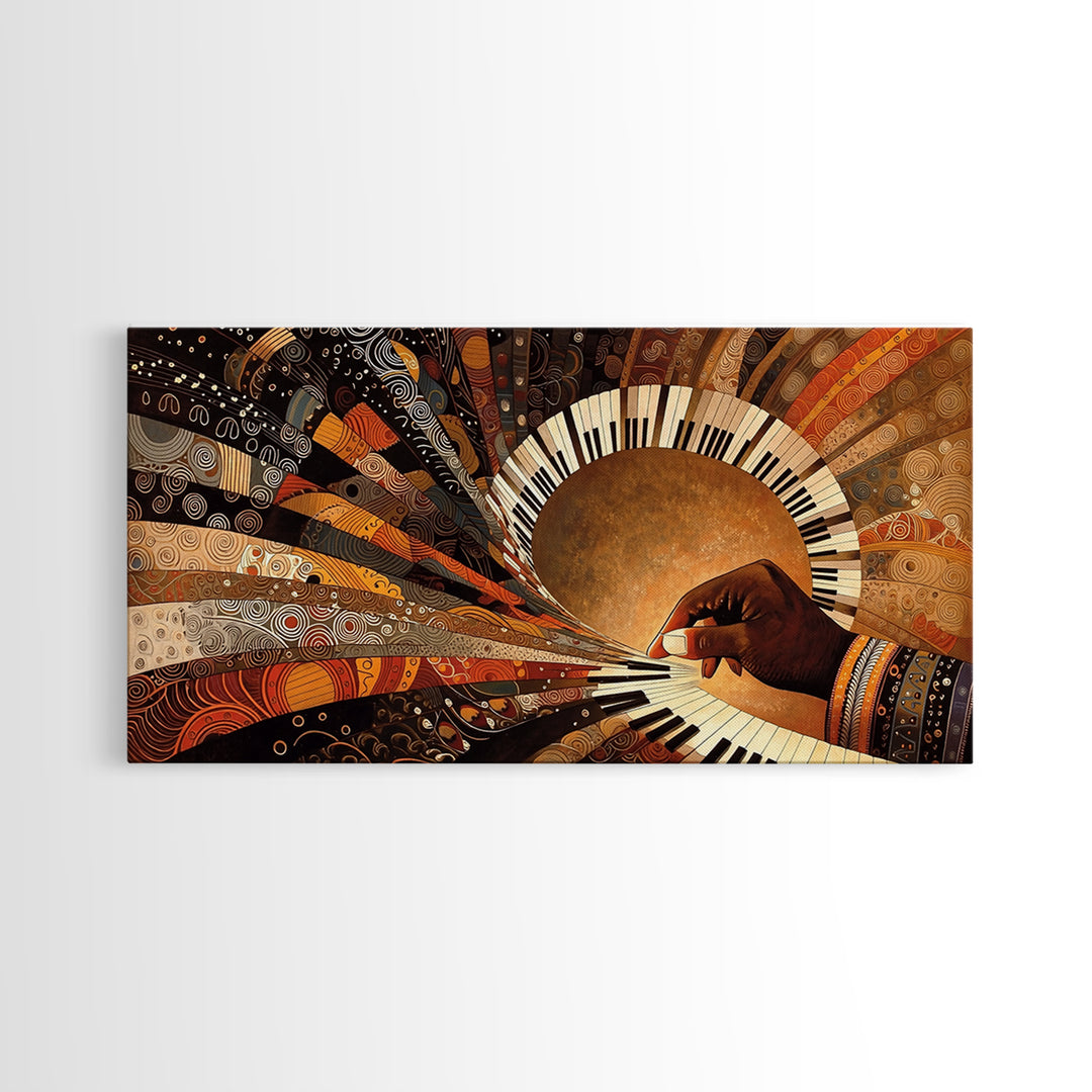 African Piano Sunburst Framed Canvas Print, Musician Hand Wall Art, Modern African Art, Afrocentric Culture Decor Gift Idea
