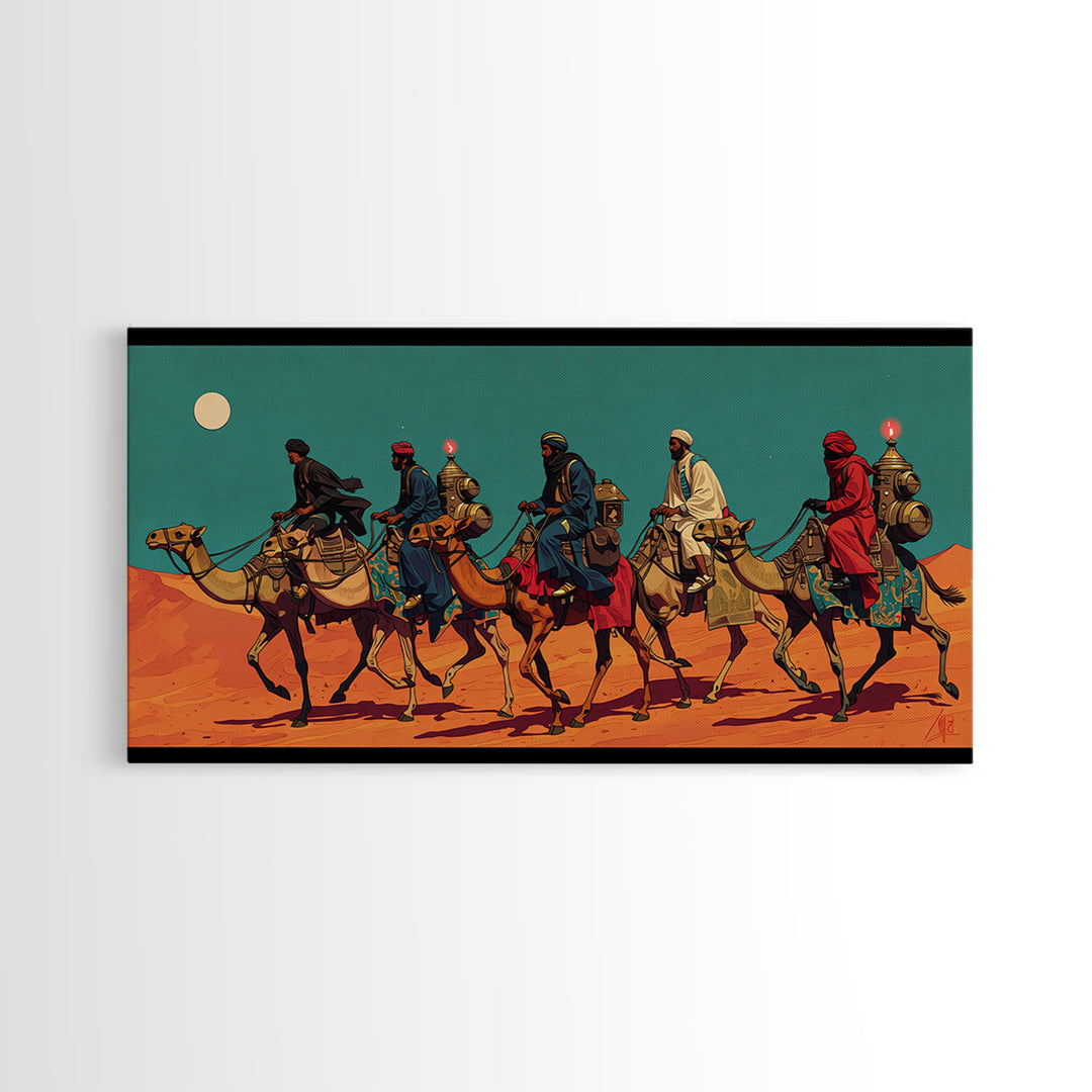 Camel Caravan Desert Travelers Wall Art, African Safari Art Print, Moroccan Travel Decor, Boho Southwestern Canvas Gift For Home