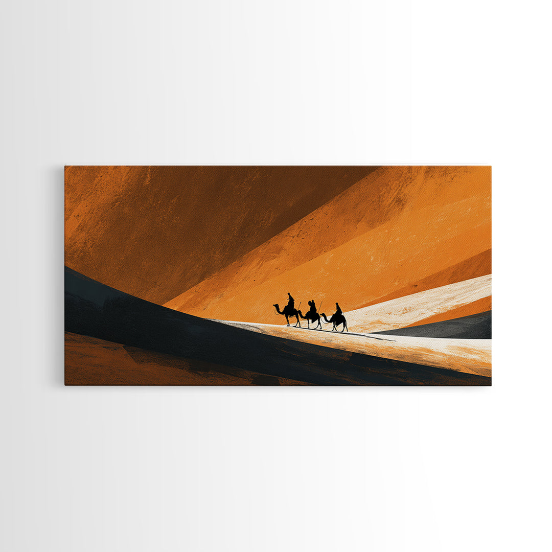 Minimal Camel Riders In Orange Dunes Canvas Print, African Landscape Wall Art, Desert Travel Poster, Earth Tone Decor Gift