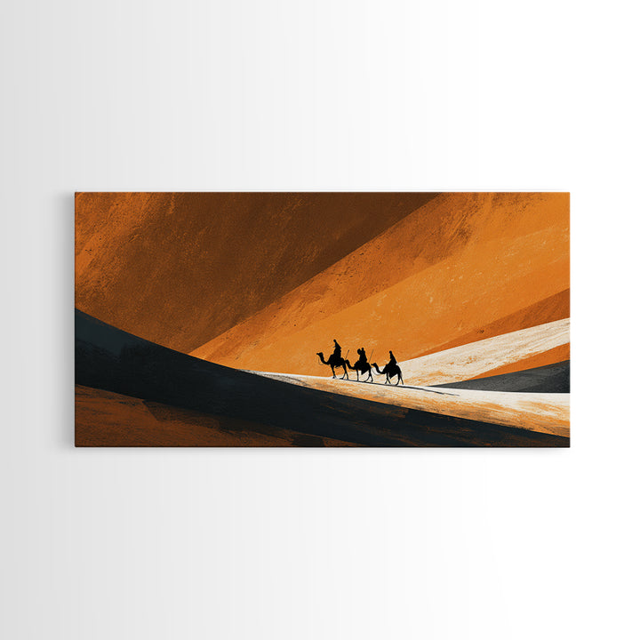Minimal Camel Riders In Orange Dunes Canvas Print, African Landscape Wall Art, Desert Travel Poster, Earth Tone Decor Gift