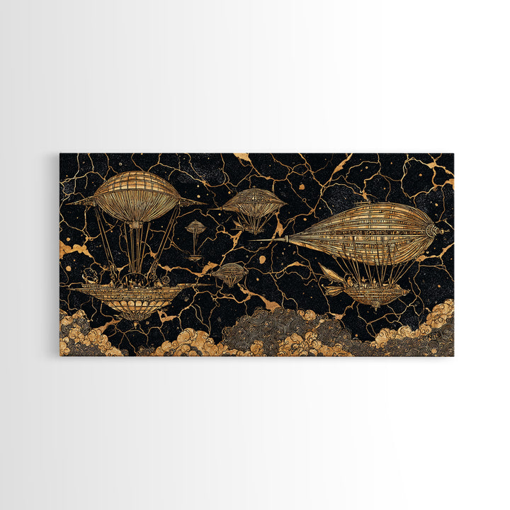 Gold Airship Fantasy Over Black Marble Wall Art, African Inspired Steampunk Canvas Print, Unique Statement Decor Gift For Office