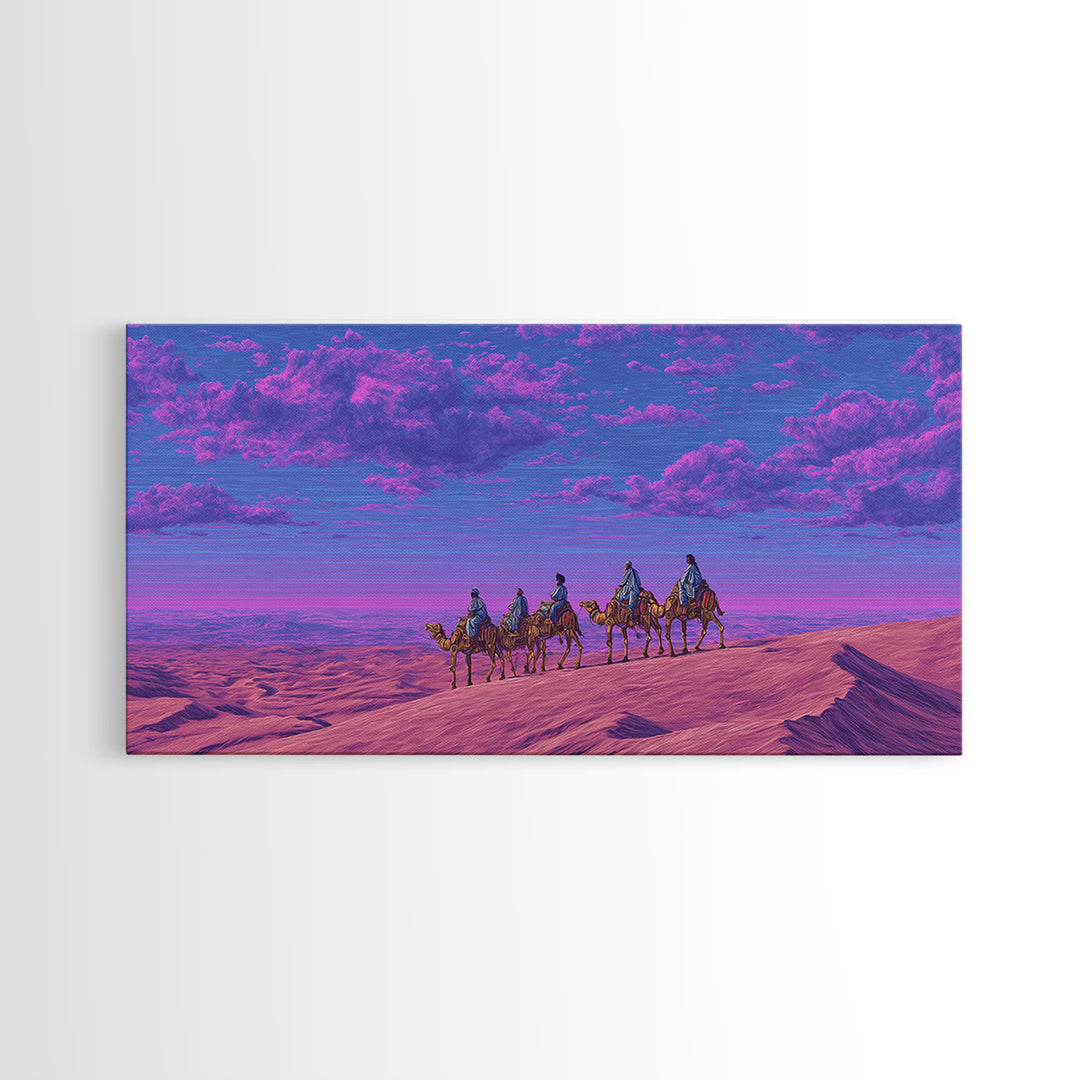 Purple Pink Camel Caravan Wall Art, Dreamy Desert Landscape Print, African Safari Art, Boho Travel Home Decor Gift For Living Room