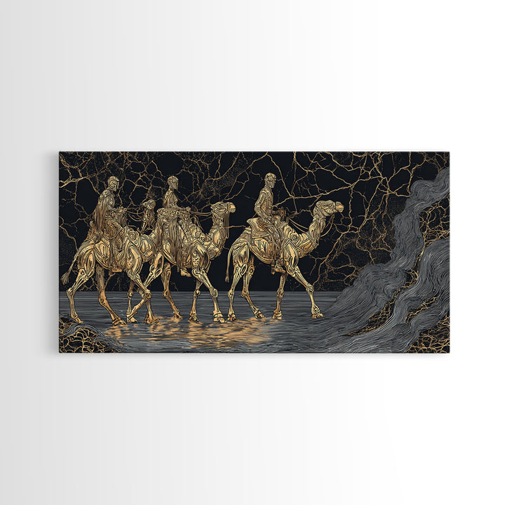 Gold Line Camel Riders Black Marble Wall Art, African Safari Canvas Print, Tribal Desert Decor, Modern Statement Gift For Home
