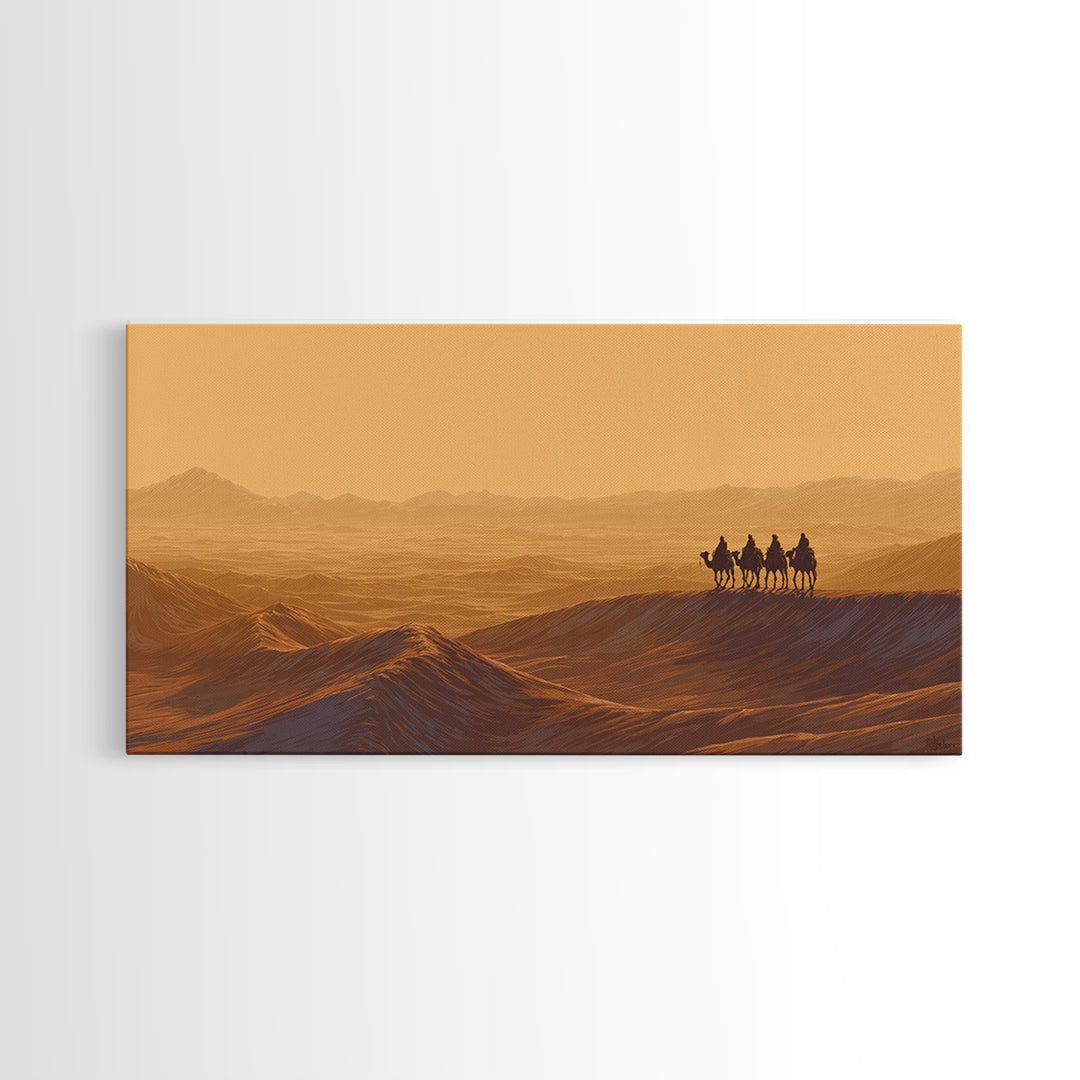 Golden Desert Caravan Silhouette Wall Art, African Landscape, Sahara Travel Poster, Earth Tone Wall Decor, Living Room Art