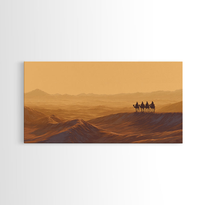 Golden Desert Caravan Silhouette Wall Art, African Landscape, Sahara Travel Poster, Earth Tone Wall Decor, Living Room Art