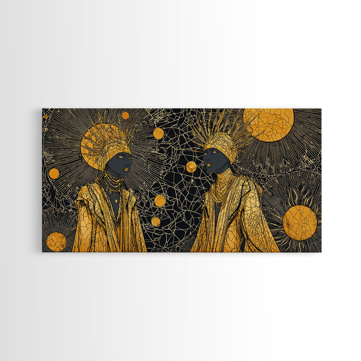 Two Regal African Women Canvas Print, Gold Celestial Portrait, Black Woman Art, Afrocentric Wall Art, Elegant Home Decor