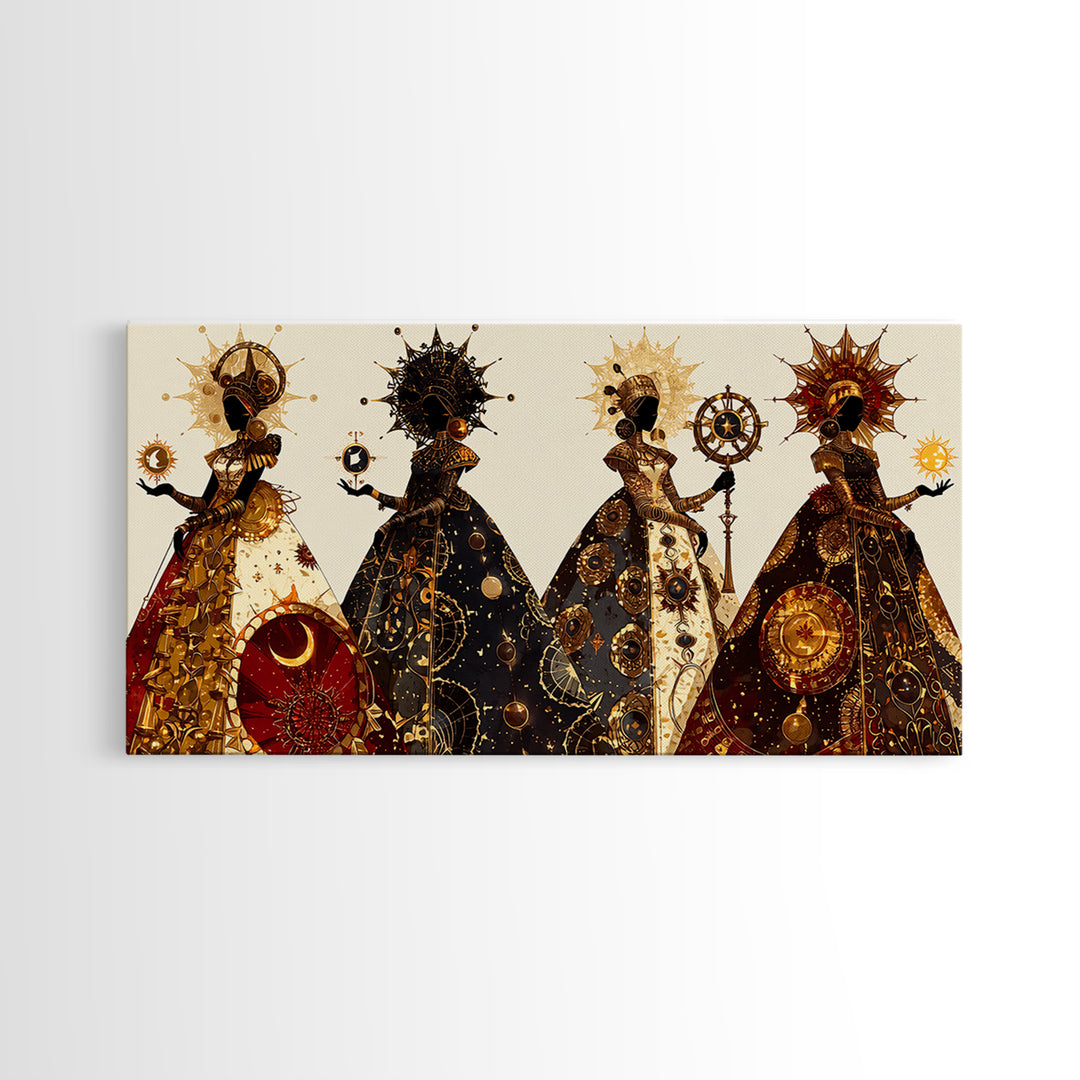 Four Celestial African Queens Framed Canvas Print, Black Goddess Art, Gold Spiritual Wall Decor, Afrocentric Artwork Gift