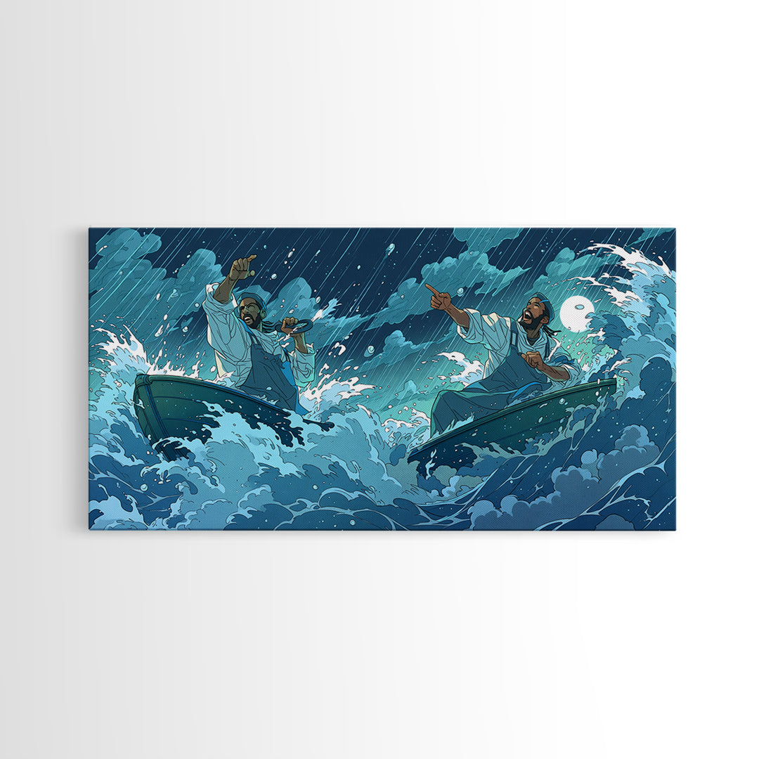 Stormy Sea Boatmen Wall Art, Blue Ocean Waves, African Inspired Spiritual Art, Fishermen Canvas, Dramatic Home Decor Gift