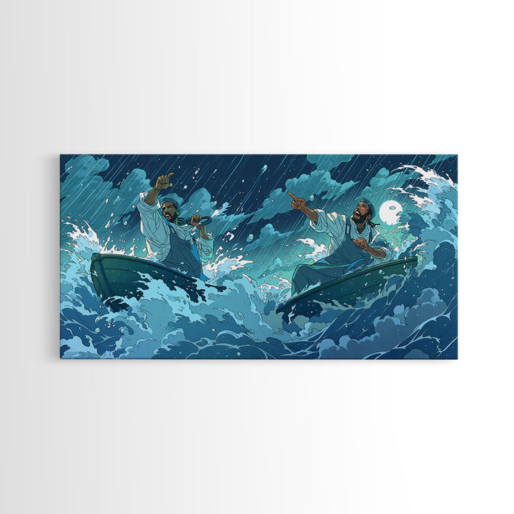 Stormy Sea Boatmen Wall Art, Blue Ocean Waves, African Inspired Spiritual Art, Fishermen Canvas, Dramatic Home Decor Gift