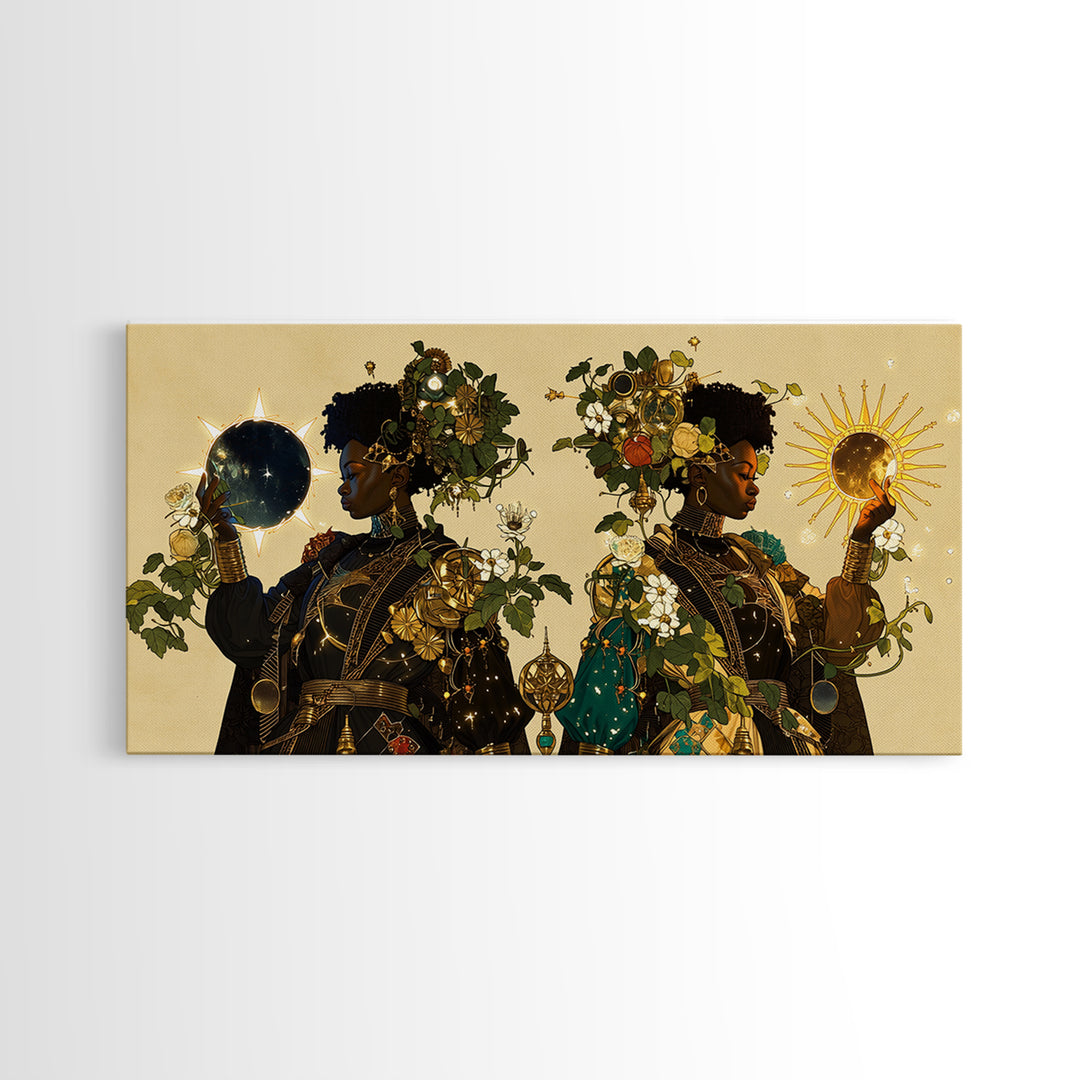 Celestial African Queens With Sun And Moon Framed Canvas Print, Afrocentric Wall Decor, Black Goddess Portrait Art Gift For Her