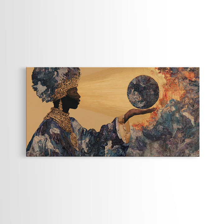 Eclipse African Woman Holding Moon Canvas Print, Afrocentric Wall Art, Black Female Portrait, Celestial Home Decor Gift Idea