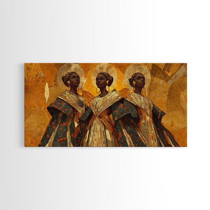Three Regal African Women In Gold Halos Framed Canvas Print, African Wall Art, Black Queen Portrait, Afrocentric Decor Gift