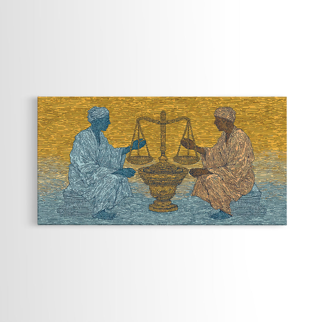 African Elders With Scales Of Justice Canvas Print, Cultural Wall Art, Legal Office Decor, Tribal Wisdom Art Gift For Him