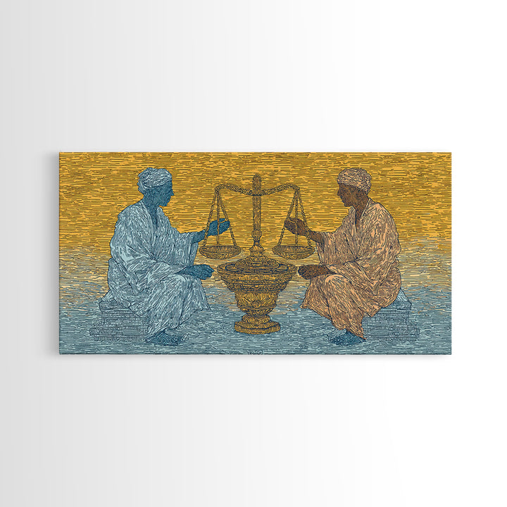 African Elders With Scales Of Justice Canvas Print, Cultural Wall Art, Legal Office Decor, Tribal Wisdom Art Gift For Him