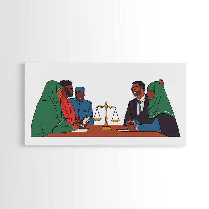 Muslim Family Mediation With Golden Scales Wall Art, Canvas Print, Legal Office Decor, Cultural Meeting Room Artwork Gift