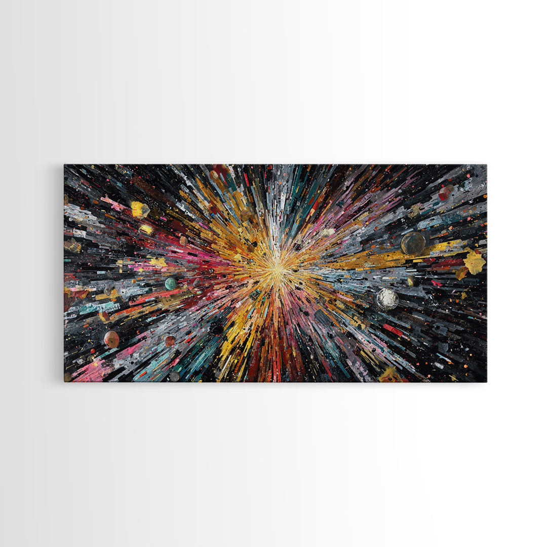 Exploding Universe Starburst With Planets Canvas Print, Abstract Wall Art, Colorful Space Decor, Modern Galaxy Art Gift Idea