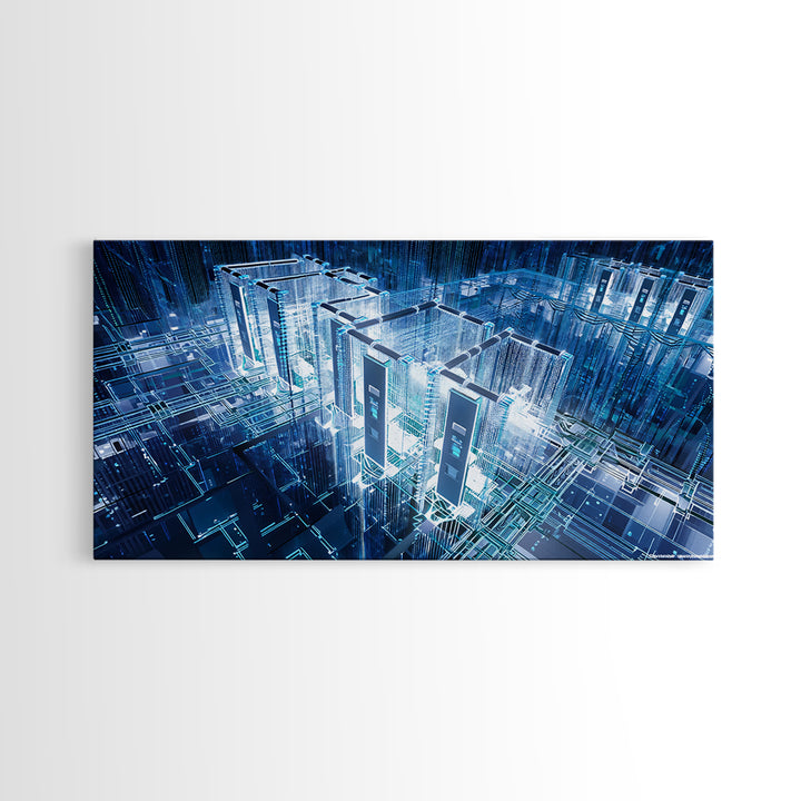 Blue Afrofuturist Data City, Glowing Digital Towers Wall Art, Modern African Abstract, Tech Office Decor, Unique Canvas Gift
