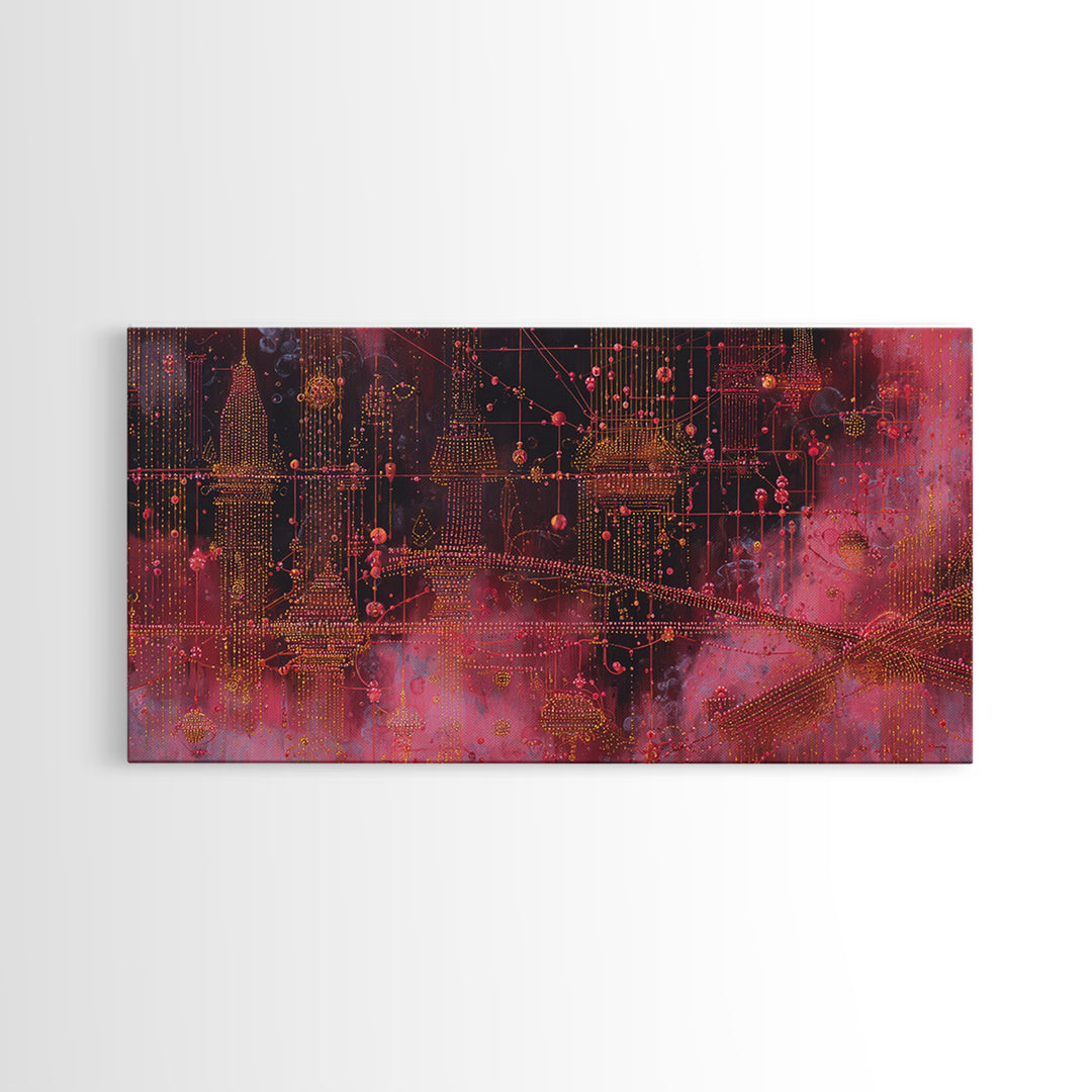 Crimson Circuit Dreamscape With Golden Towers Canvas Print, Modern African Art Abstract, Afrofuturism Decor, Bold Wall Decor