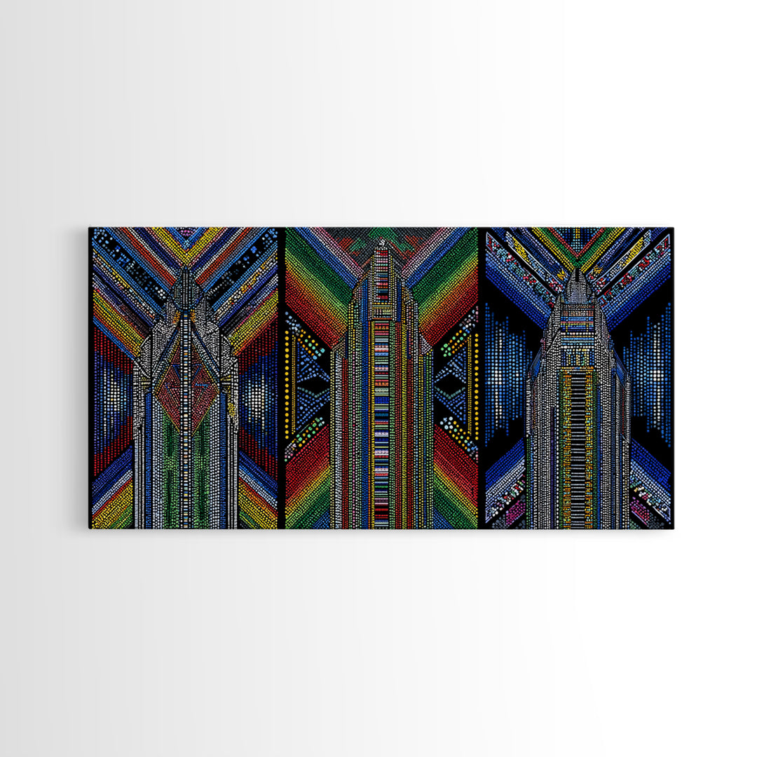 Geometric Beadwork Triptych Towers Wall Art, Abstract African Art, Ankara Pattern Decor, Modern Tribal Canvas Print Gift