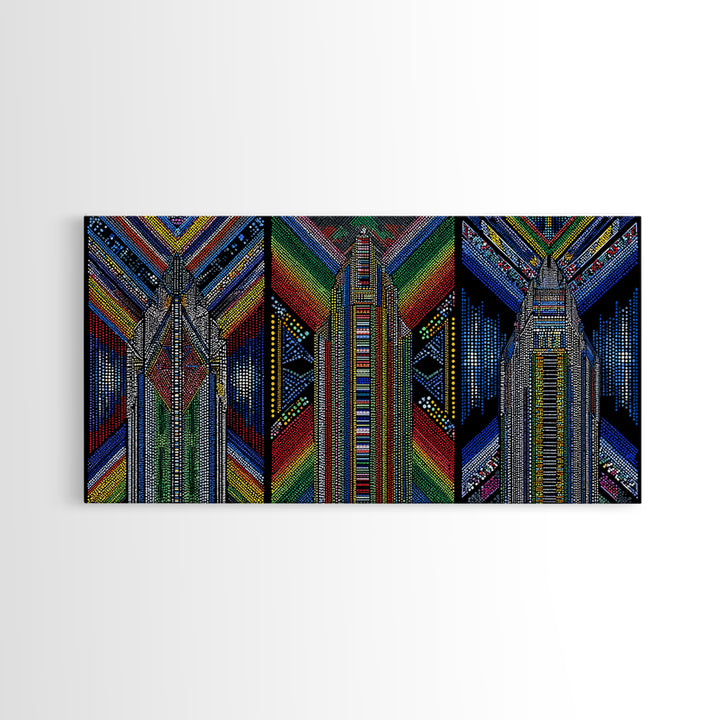 Geometric Beadwork Triptych Towers Wall Art, Abstract African Art, Ankara Pattern Decor, Modern Tribal Canvas Print Gift
