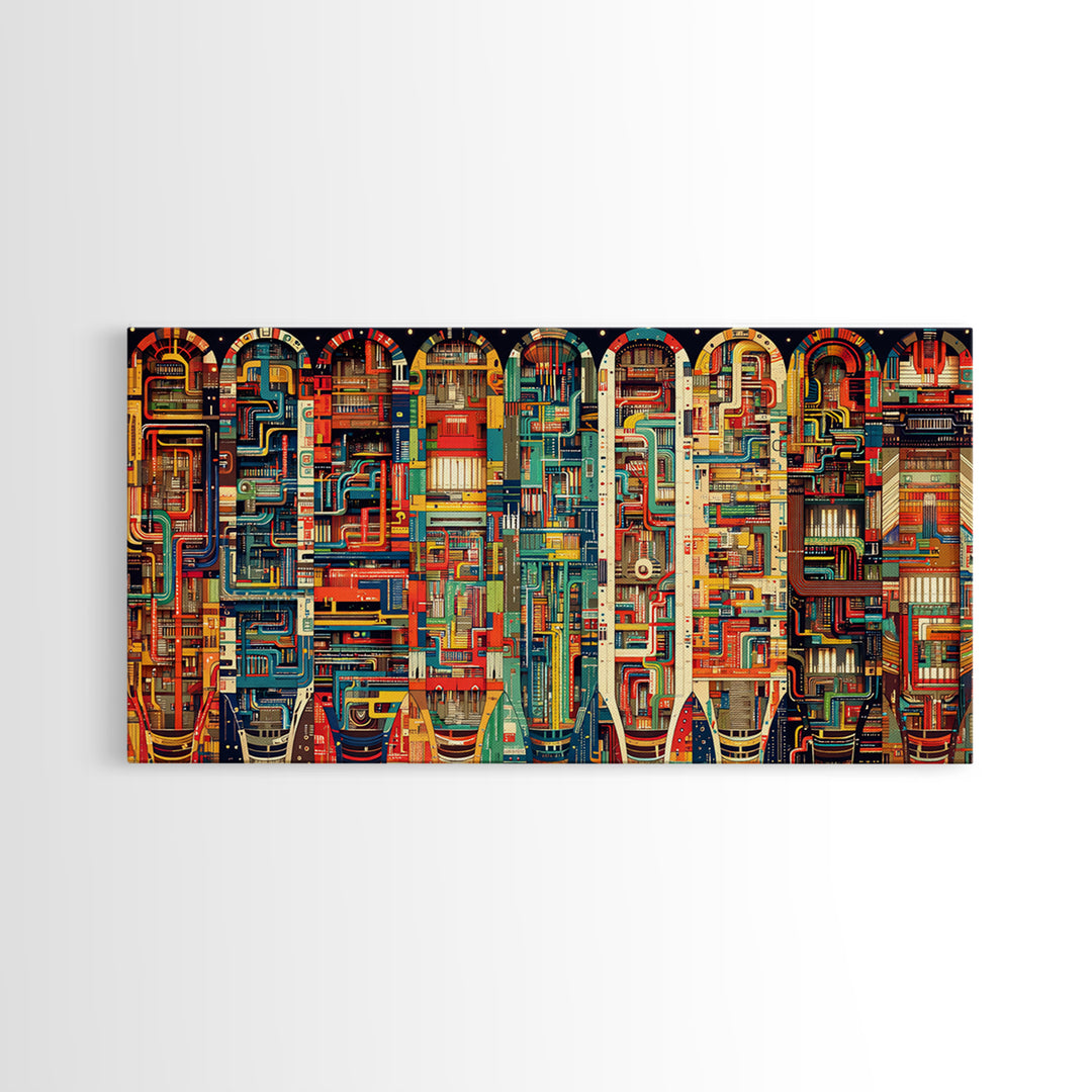 Vibrant Archway Circuit Maze Canvas Print, Colorful African Art Abstract, Afrofuturism Wall Art, Bold Living Room Decor Gift