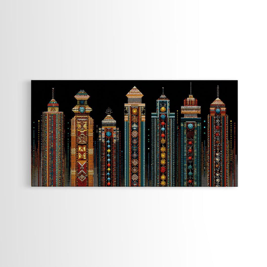 Ornate African Futurist Towers Framed Canvas Print, Tribal Pattern Wall Art, Black Culture Art, Elegant Home Decor, Unique Gift