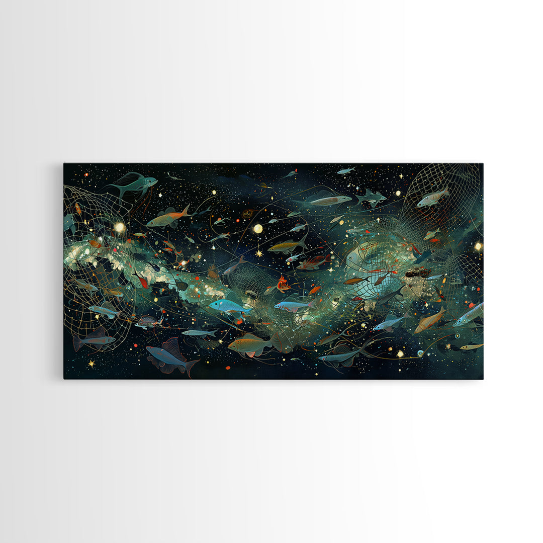 Cosmic Underwater Fish Galaxy Wall Art, Dreamy Ocean Canvas Print, African Inspired Nature Scene Art, Teal Modern Decor Gift