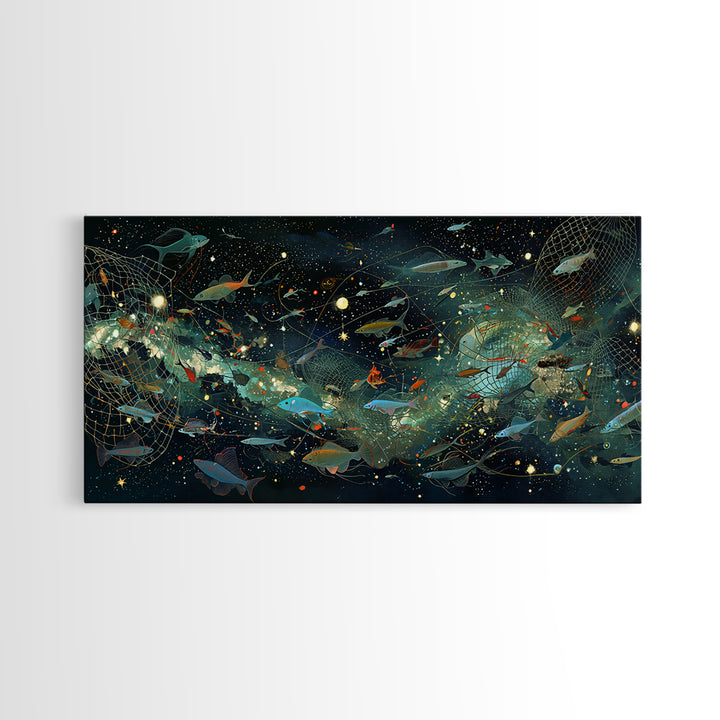 Cosmic Underwater Fish Galaxy Wall Art, Dreamy Ocean Canvas Print, African Inspired Nature Scene Art, Teal Modern Decor Gift