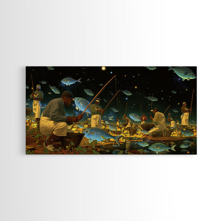 Black Fishermen Under Starry Fish Sky Canvas Print, African Wall Art, Afrocentric Culture Art, Magical Night Decor, Unique Gift