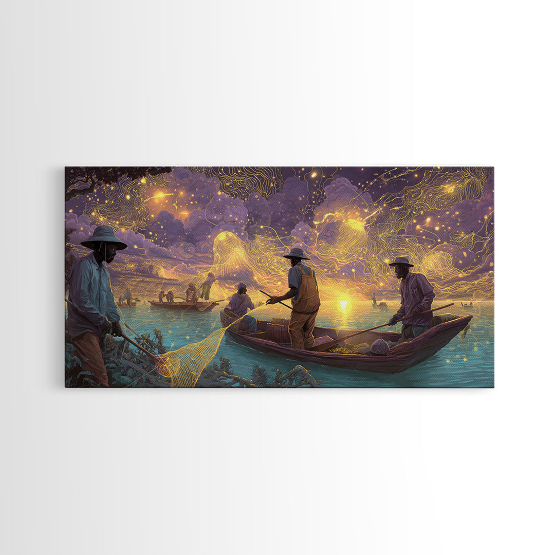 Golden Sunset Fishermen And Glowing Nets Wall Art, African Inspired Landscape, Black Culture Art, Serene Boat Canvas Print