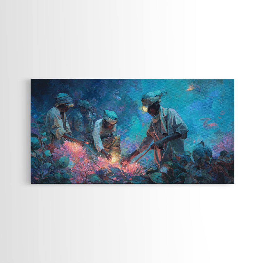 Blue Coral Harvest Divers Framed Canvas Print, African Ocean Wall Art, Contemporary Nature Scene, Unique Home Decor Gift