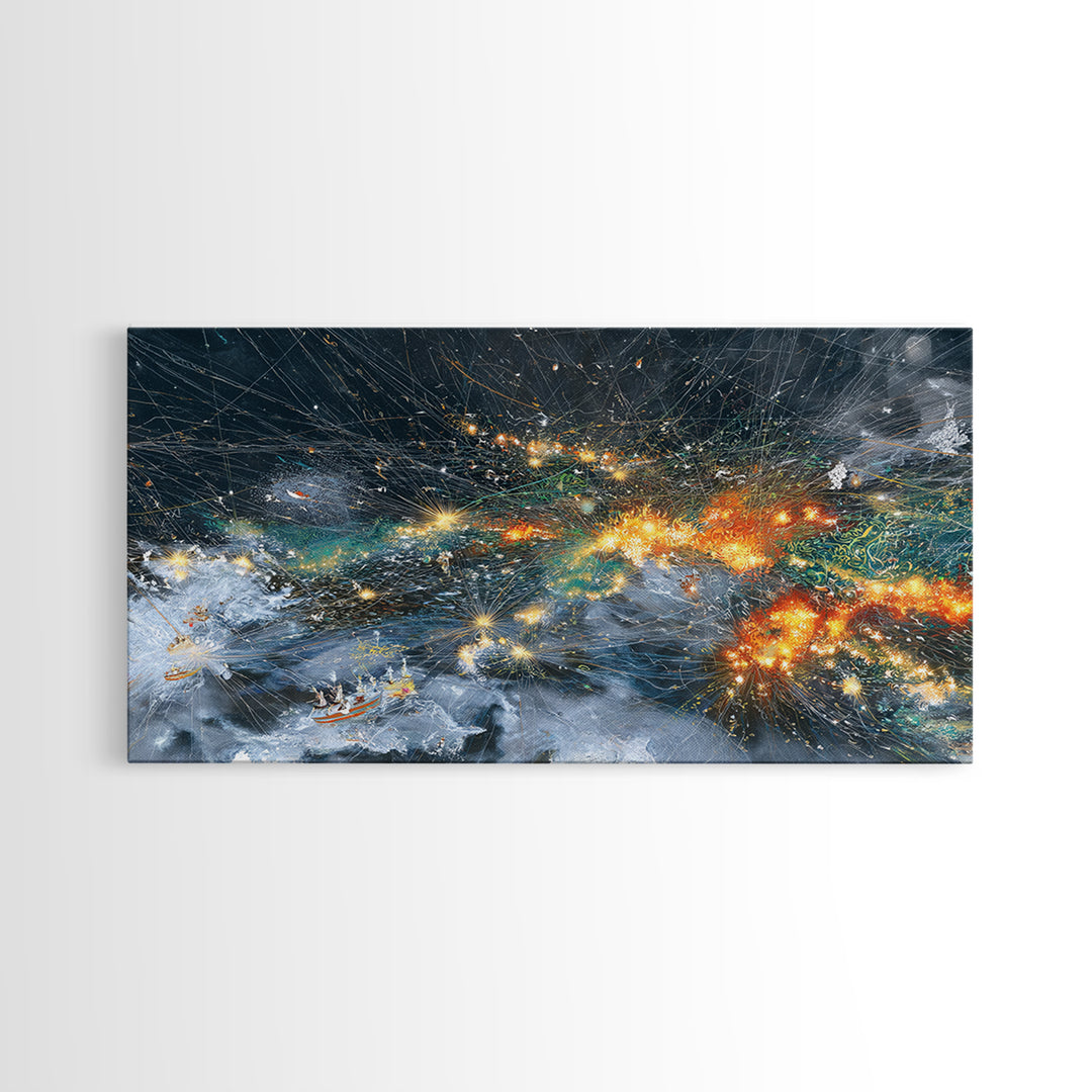 Celestial Ocean Storm With Glowing Boats Wall Art, Abstract African Art Print, Modern Coastal Decor, Night Sea Statement Piece