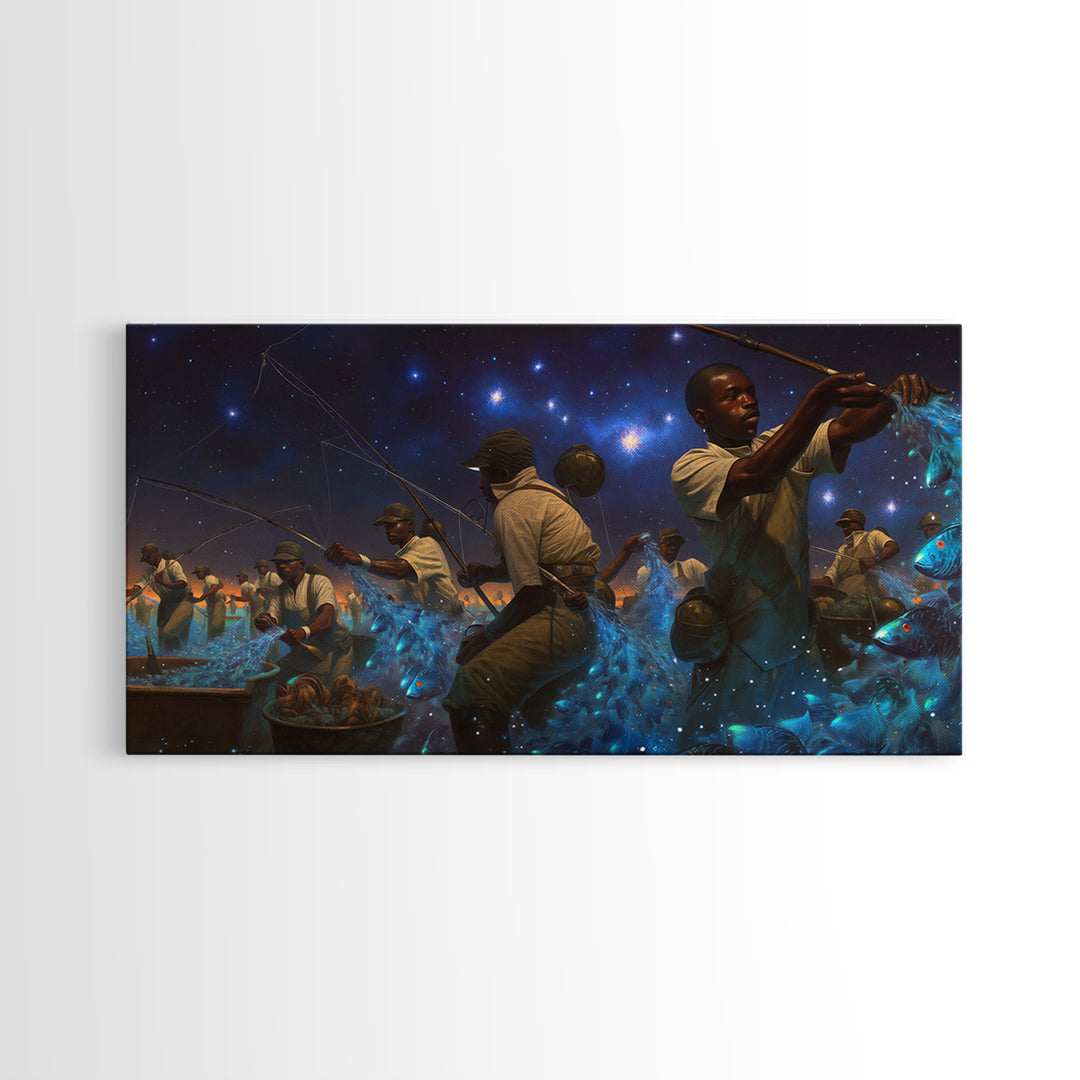 Starlit African Night Fishermen With Glowing Blue Fish Canvas Print, Afrocentric Wall Decor, Black Culture Art, Unique Home Decor