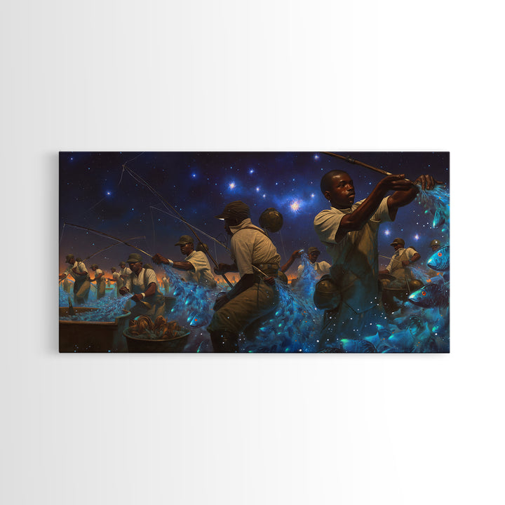 Starlit African Night Fishermen With Glowing Blue Fish Canvas Print, Afrocentric Wall Decor, Black Culture Art, Unique Home Decor