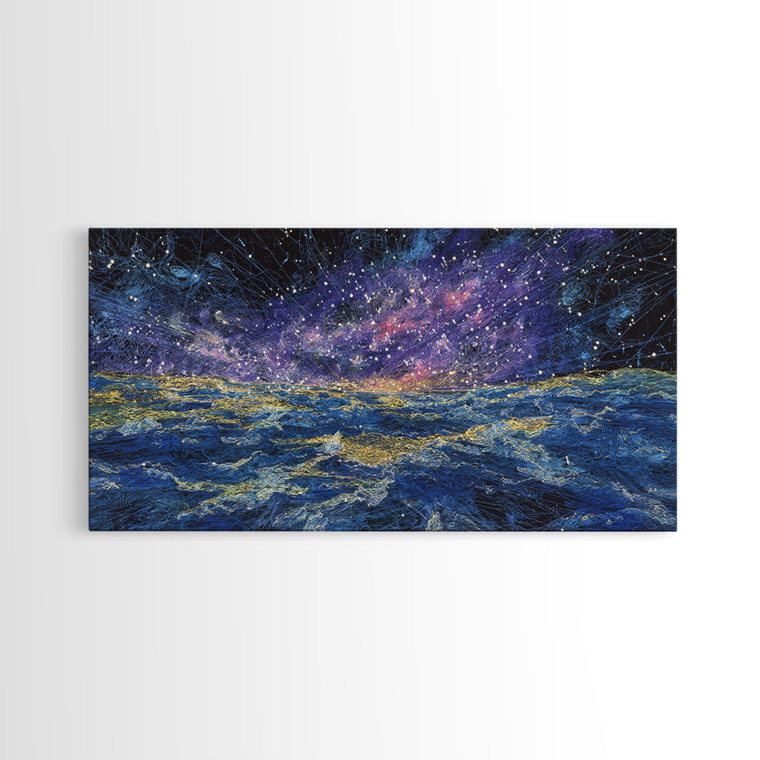 Galaxy Ocean Waves Under Starry Sky Canvas Print, Abstract Wall Art, Blue Gold Seascape, Dreamy Modern Home Decor, Large Decor Art