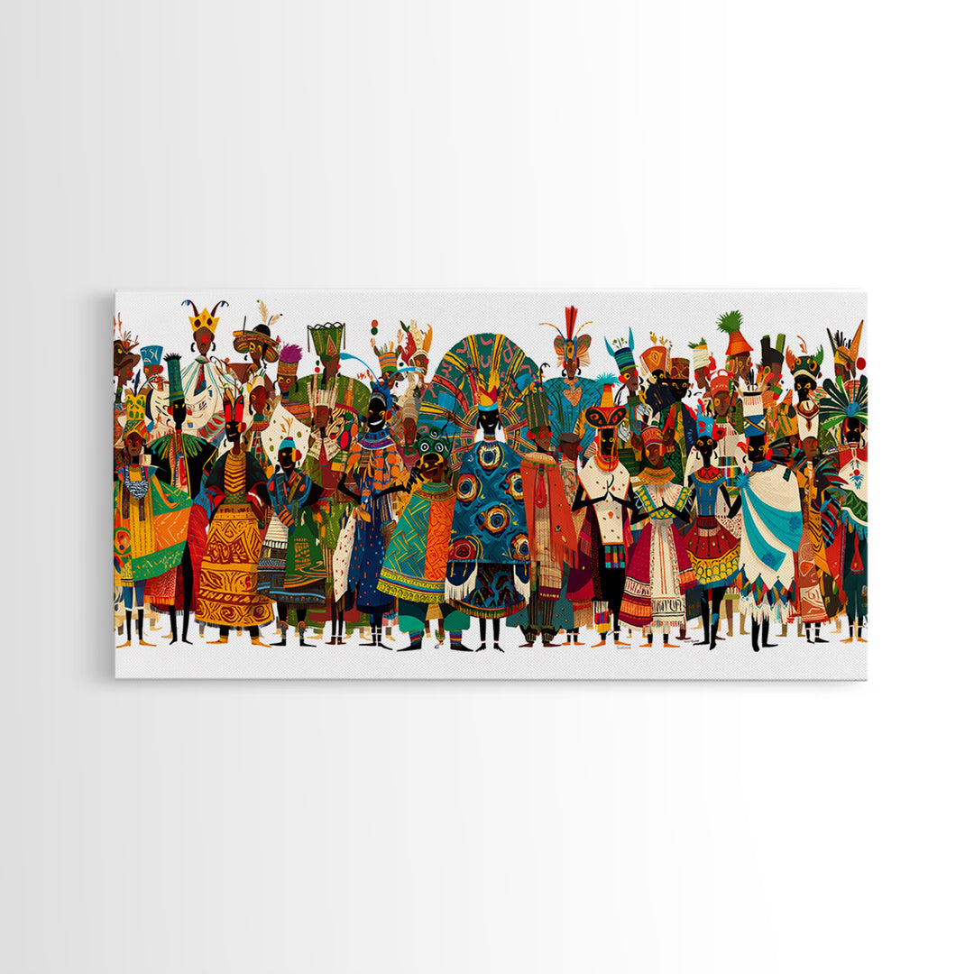 Vibrant African Tribal Festival Crowd With Masks Canvas Print, Afrocentric Wall Art, Colorful African Art, Cultural Decor