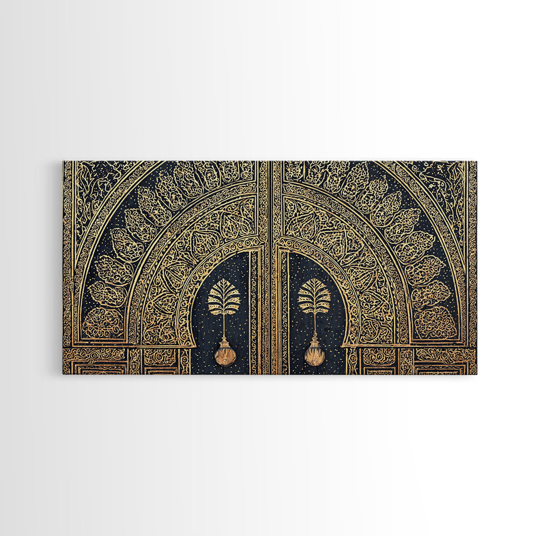 Gold Ornate African Arch Door With Palm Motifs Framed Canvas Print, Moroccan Wall Decor, Cultural Home Decor, Black Gold Art