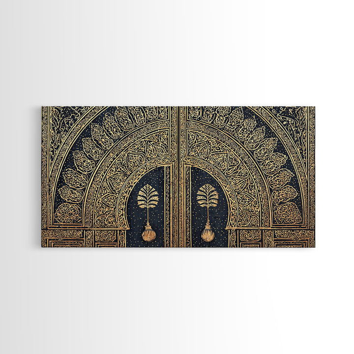 Gold Ornate African Arch Door With Palm Motifs Framed Canvas Print, Moroccan Wall Decor, Cultural Home Decor, Black Gold Art