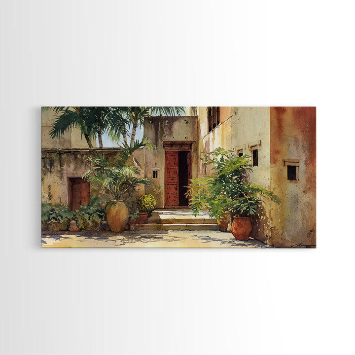 Sunlit African Courtyard With Red Door Wall Art, Tropical Village Painting, African Wall Decor, Boho Home Decor Gift For Her