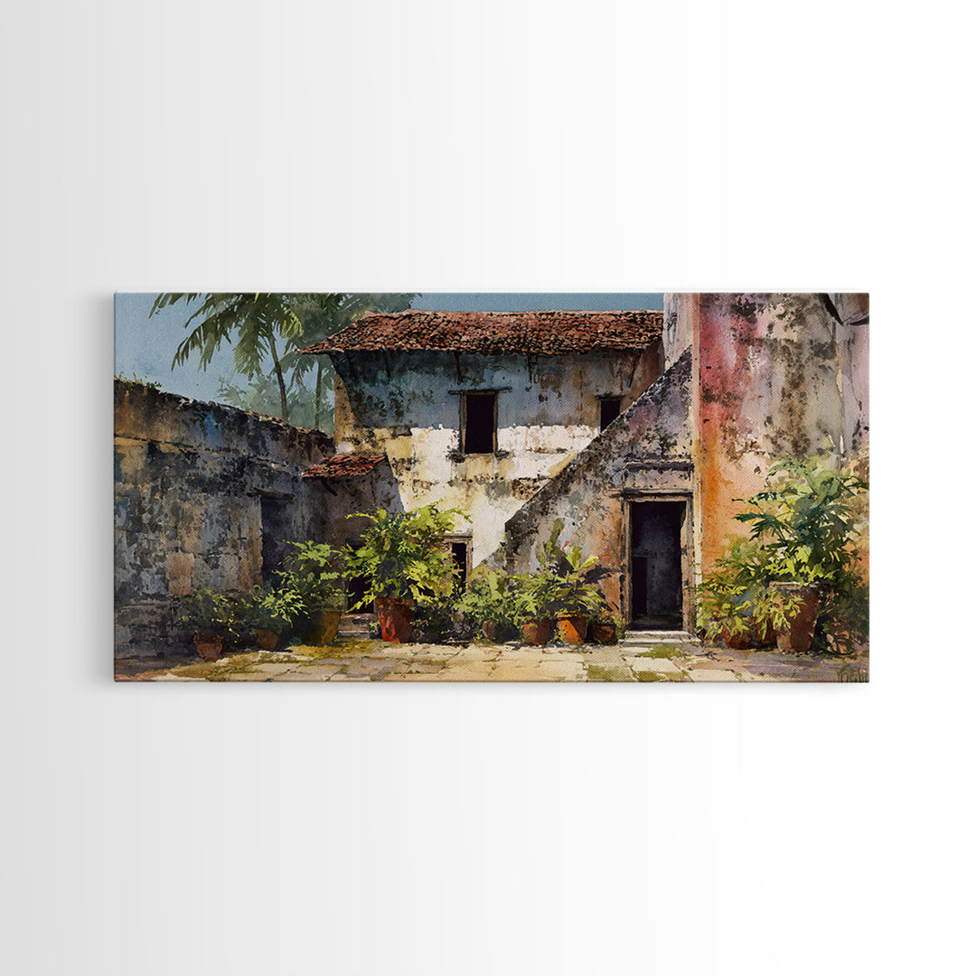 Weathered Blue African Courtyard Wall Art, Rustic Village Painting, African Home Decor, Cultural Wall Decor For Living Room