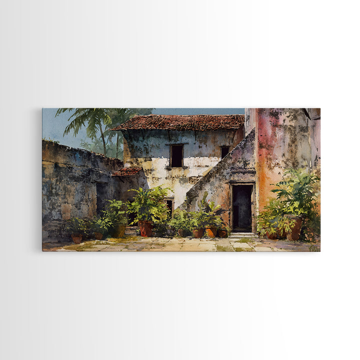 Weathered Blue African Courtyard Wall Art, Rustic Village Painting, African Home Decor, Cultural Wall Decor For Living Room