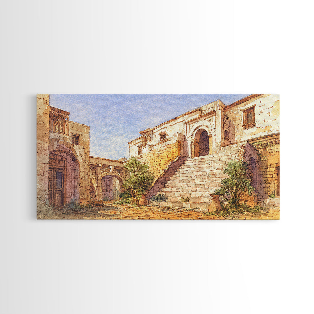 Sunlit Stone Stairway And Arches Framed Canvas Print, African Inspired Architecture Art, Beige Wall Art, Elegant Home Decor