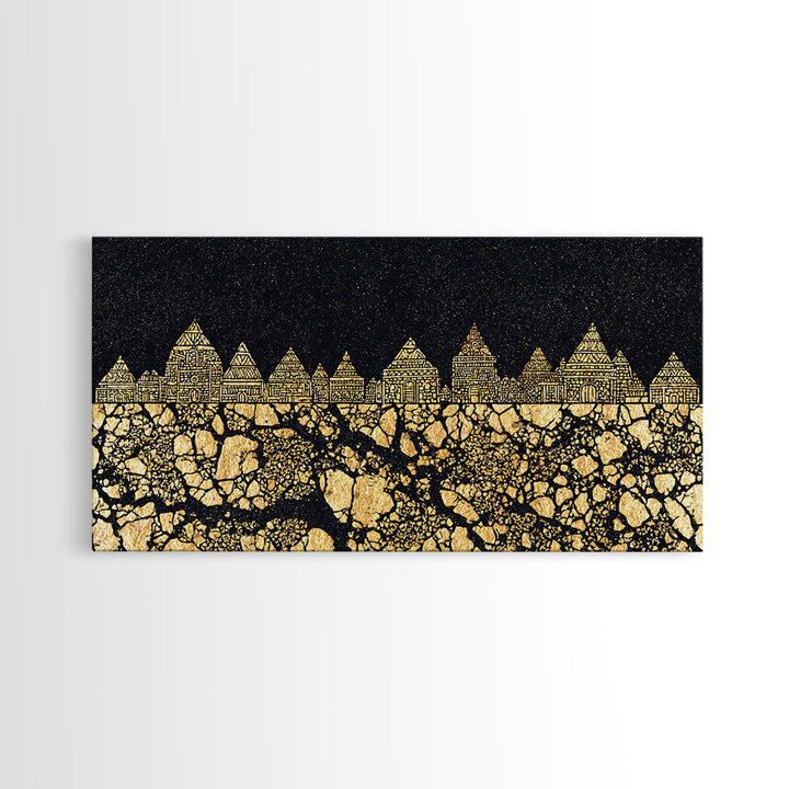 Golden Tribal Village Under Stars Canvas Print, African Tribal Art, Black And Gold Art, Cultural Wall Decor, Statement Piece