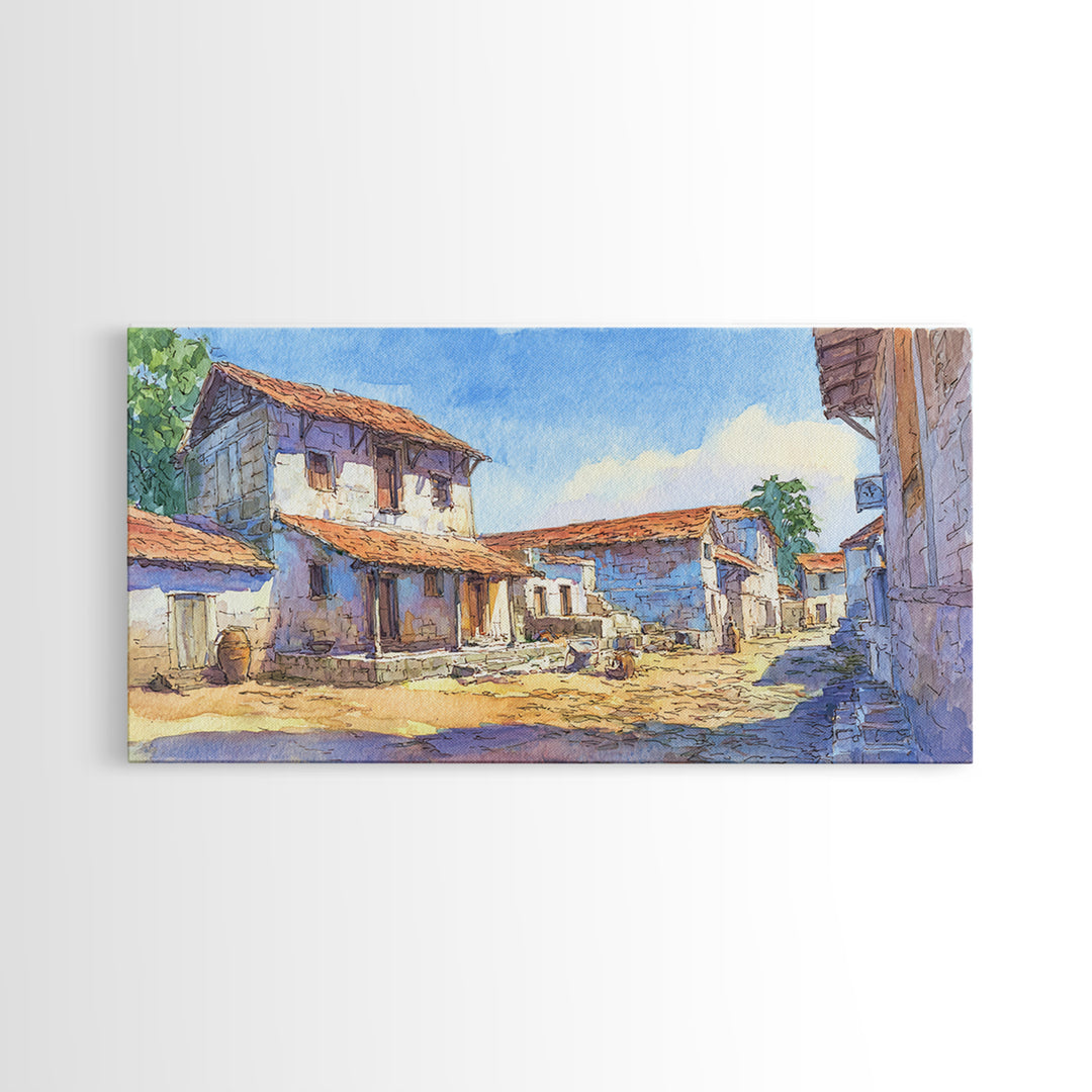 Sunlit African Village Street Wall Art, Rustic Blue Houses Painting, African Landscape, Cultural Home Decor, Large Wall Art
