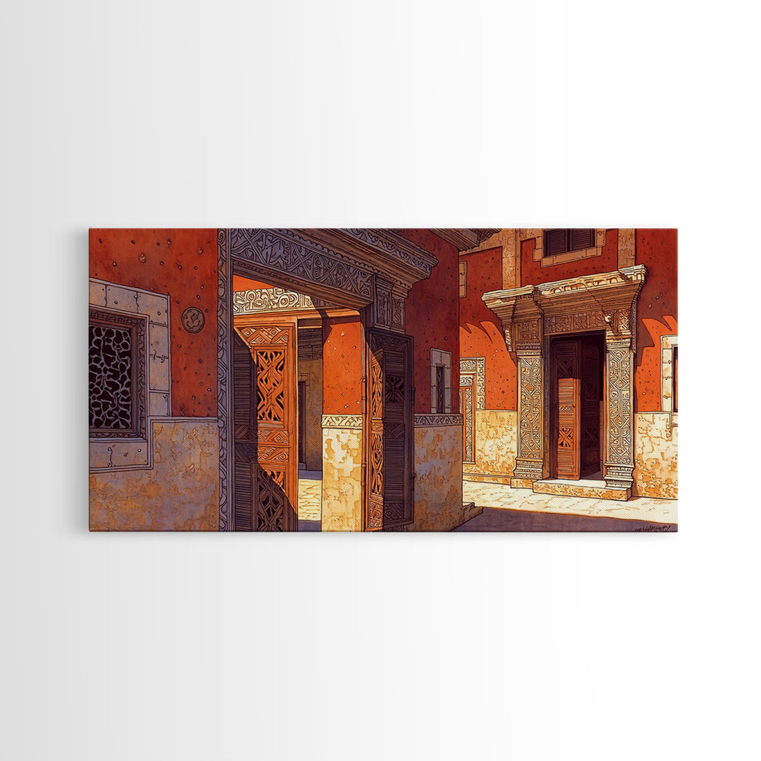Ornate Orange African Doorway Framed Canvas Print, Swahili Architecture Art, African Wall Decor, Bold Home Decor Gift For Him