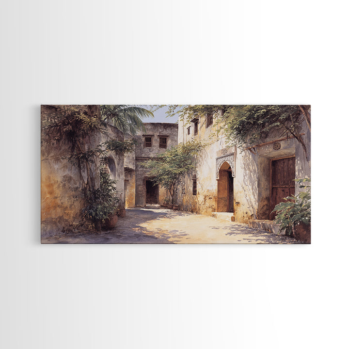 Shaded Tropical African Courtyard Wall Art, Old Stone Doorway Painting, African Home Decor, Boho Wall Decor, Unique Gift
