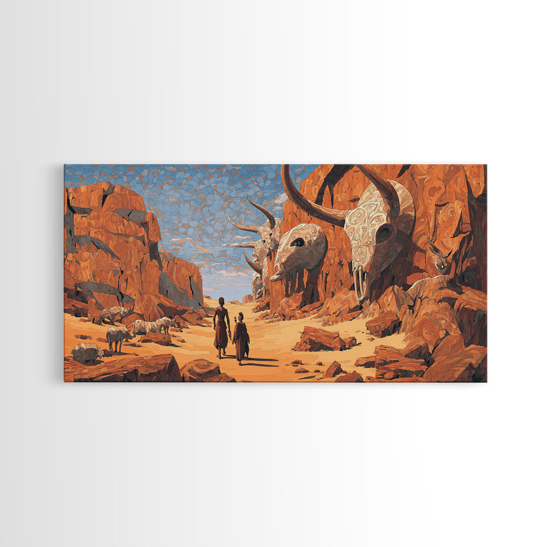 African Desert Canyon With Horned Skulls Wall Art, Tribal Journey Painting, African Warrior Art, Rustic Safari Decor Gift